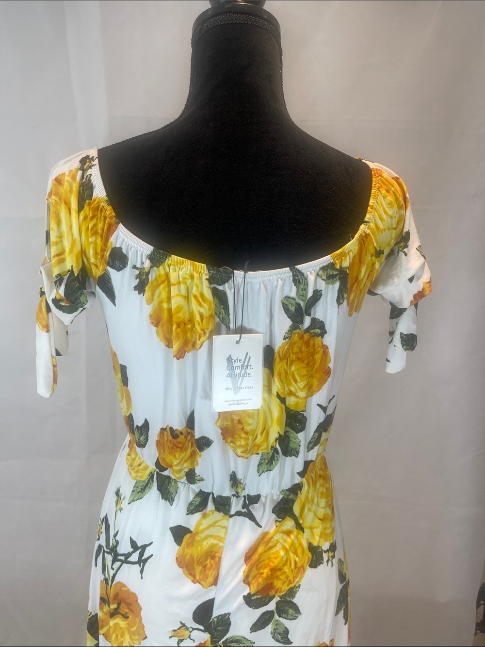 Vibe White Maxi Dress with Yellow Rose Print and Tie Sleeves - Picture 8 of 13